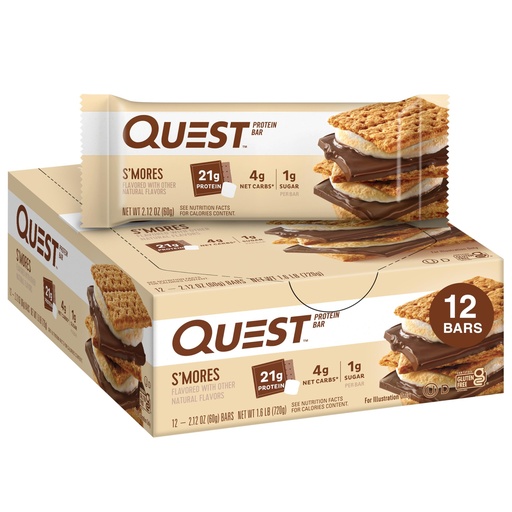 [BRSWIAA6OEIB4HD2] Quest Nutrition S'Mores Protein Bars, 21g Protein, 1g Sugar, 4g Net Carb, Gluten Free, Keto Friendly, 12 Count