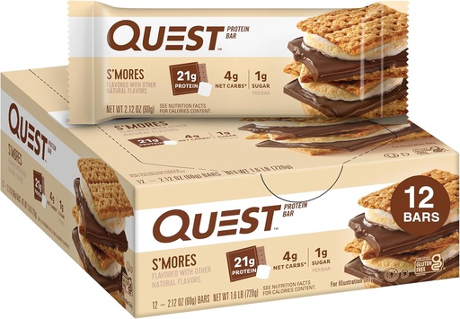 [BRSWIAA6OEIB4HD2] Quest Nutrition S'mores Protein Bars, 21g Protein, 1g Sugar, 4g Net Carb, Gluten Free, Keto Friendly, 12 count