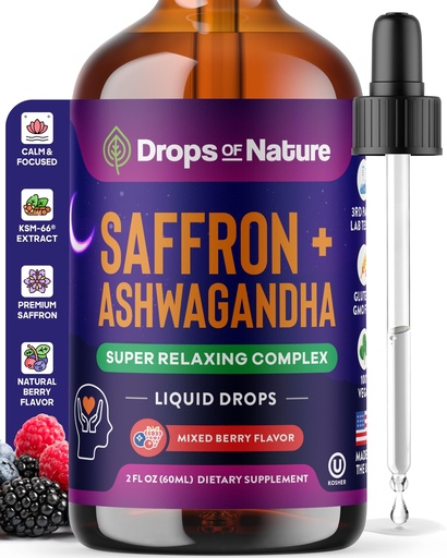 [BRSREEIBC4FBEGY2] Ashwagandha and Saffron Supplement – Contains KSM 66 and Saffron Extract – Vegan, Gluten-Free, GMO-Free – Daily Herbal Ashwagandha Supplement to Support Focus, Clarity & Relaxation (Mixed Berry, 60ml)