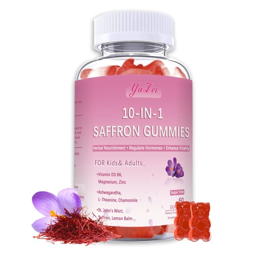 [BRSREAQKBEJQGFAU] Saffron Supplements Gummies for Kids & Adults,Sugar Free,with Ashwagandha,L-Theanine,Chamomile,St. John's Wort,Lemon Balm,Vitamin D3 B6, Magnesium,Zinc Gummies for Zzz, Mood, Focus & Vision 60 Cnt