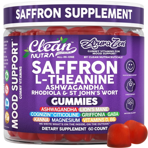 [BRSREGLYCIPQM3A4] AuraZen Mood Support Saffron Gummies L-Theanine Ashwagandha Rhodiola St John's Wort Lions Mane GABA Vitamin D Magnesium Supplement | Calm Vegan Plant-Based Herbal Gummy By Clean Nutra