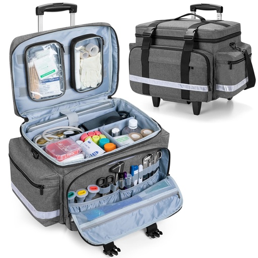 [BRSRMBAQBMAWA2T7] Damero Rolling Medical Bag with Detachable Trolley, Medical Equipment Bag with Removable Pouches and Dividers, First Aid Responder Bag Empty for Home Health Nurses, Doctors, EMT, EMS, Gray
