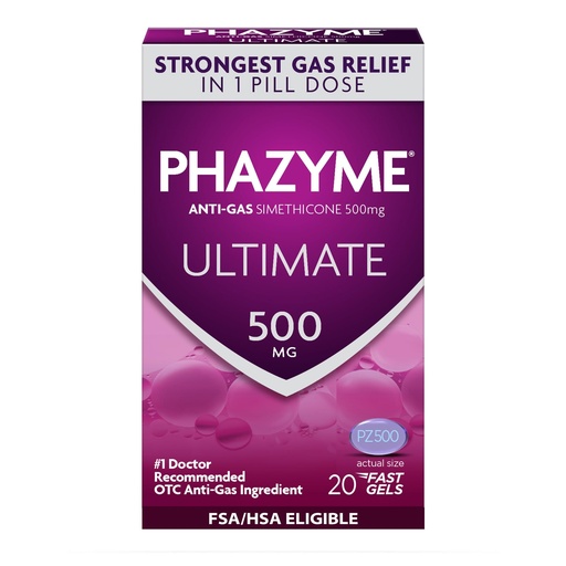 [BRSWYAABCUARMFY6] Phazyme Ultimate Strength Anti-Gas 500 mg Simethicone Gas Relief for Adults, Fast Gels Quickly Ease Bloating, Pressure and Discomfort, 20 Count