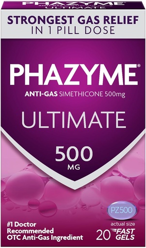 [BRSWYAABCUARMFY6] Phazyme Ultimate Strength Anti-Gas 500 mg Simeticone Gas Relief za odrasle, hitro geli hitro napenjanje, pritisk in nelagodje, 20 Število