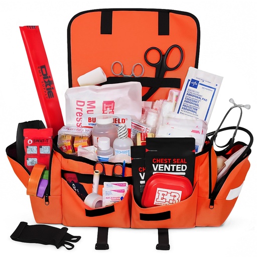 [BRSRE2YOA4CBYCA4] Fully Stocked EMT Trauma Bag – Tactical First Responder Medical Kit with Tourniquet, Chest Seals, Bleeding Control, Gauze, Shears & Bandages – Orange