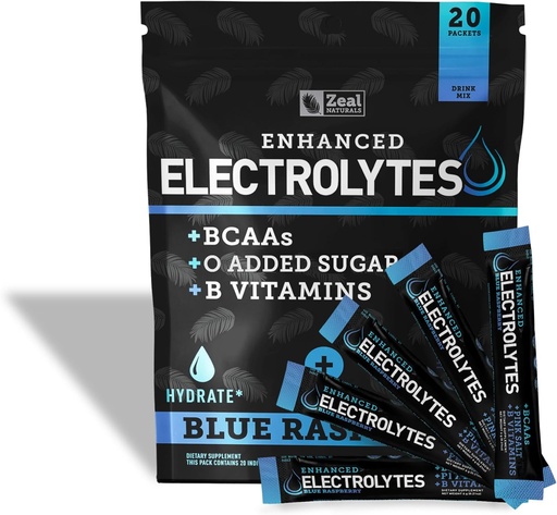 Enhanced Electrolyte Powder Stick Packs (Blue Raspberry | 20 Packets) w/ 0 Sugar +BCAAs +B-Vitamins Electrolyte Supplement w Potassium Zinc & Magnesium for Hydration - Keto Electrolytes