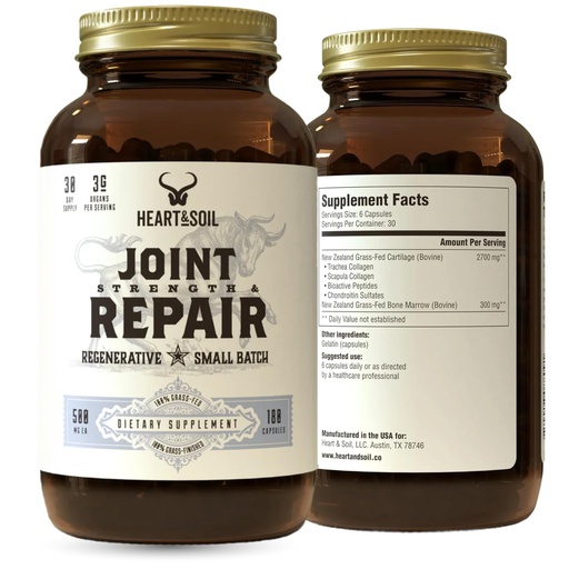 [BRSROGQBBEBQYCQU] Heart & Soil 100% Grass Fed & Finished Joint Support Supplement from Regenerative Cattle with Trachea, Scapula & Bone Marrow – Supports Joint Strength & Mobility – 3000mg – Glass Bottle – 180 Capsules