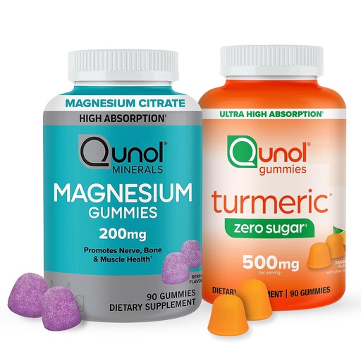 [BRSRAY3RCIIBYA3Z] Qunol Zero Sugar Turmeric Gummies, Vegetarian, Gluten Free, 500mg + Qunol Magnesium Gummies 200mg, Vegetarian, 90 Count