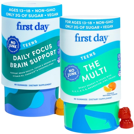[BRSRGC3YCUJROCDD] FIRST DAY Teens Apple Brain Focus Gummies & Orange Multivitamin Gummies | Daily Nutrients, Immunity, Mood, & Focus | Clean Label Project Verified® | Vegan | 30-Day Supply