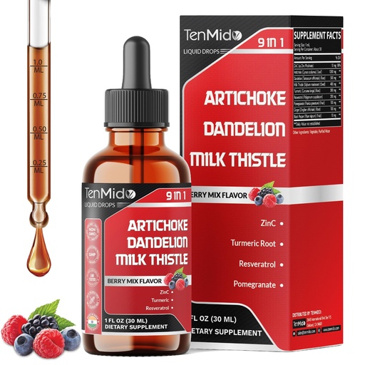 [BRSREGAQOV6RGYL2] Artichoke Extract Liquid Drops - 9in1 Herbal Supplements Liquid with Zinc, Dandelion, Milk Thistle, Turmeric, Resveratrol, Pomegranate, Ginger, and Black Pepper - 30ml 1Fl Oz