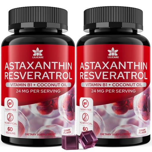 [BRSRMGIYO57REC3P] Astaxanthin Supplements 24mg Gummies with Resveratrol, Vitamin B1, Coconut Oil - Algae Organic Antioxidants for Men & Women Healthy Aging, Skin, Eyes, Immune - Vegan, Sugar-Free, Non-GMO, 120 Servings
