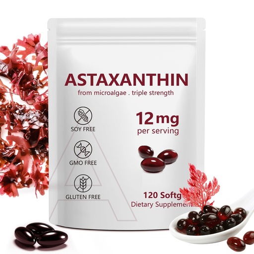 [BRSREFABPNYAE337] Astaxanthin Supplements 12mg 120 Softgels,Premium Astaxanthin Antioxidant Supplements,Triple Strength Skin Vitamins with Antioxidant Activity,Supports Eye, Joint, Brain, Heart & Immune System (1) (1)