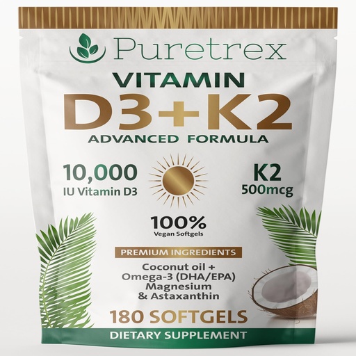 [BRSREBARC5YWGAY3] Vitamin D3 10,000 IU + K2 MK-7 (500mcg) | High-Strength Vegan D3 from Lichen | Omega-3 DHA/EPA, Astaxanthin, Black Seed Oil & Algal DHA | Immune, Bone, Heart & Muscle Support | 180 Softgels