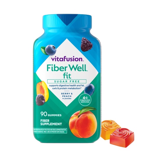 [BRSWIYAHCMFBSFI5] Vitafusion Fiber Well Fit Gummies | 4g | 90 Count | Sugar Free Adult Gummy | Vitamins For Women & Men | Berry & Peach Flavors | Gluten Free Supplement