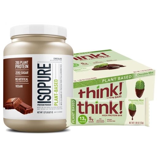 [BRSRMCTRBMORMCA6] Plant Protein Bundle- Isopure Plant Protein Powder, Chocolate- 20G Vegan Protein- (20 Servings) with think! Plant Protein Bars, Chocolate Mint- 13G Vegan Protein- (10 bars)