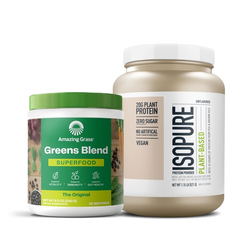 [BRSRAFL7CABBMCT5] Bundle of Amazing Grass Greens Superfood Powder: Original, 30 Servings + Isopure Unflavored Vegan Protein Powder, Plant Based, Organic Pea Protein, Dairy Free, 20 Servings (Packaging May Vary)