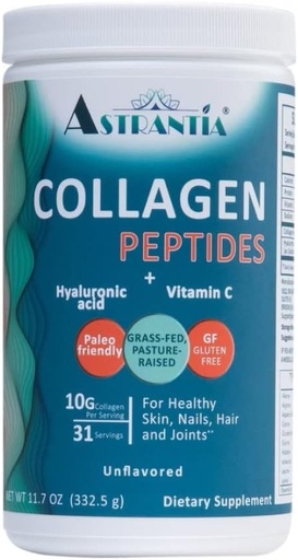 [BRSRMHAFDJ5RE2A2] ASTRANTIA Collagen Peptides Powder, Grass-fed Unflavored Collagen with Hyaluronic Acid and Vitamin C for Healthy Nails, Skin, Hair and Joints | Paleo Friendly | Gluten Free | Non GMO |11.7 OZ