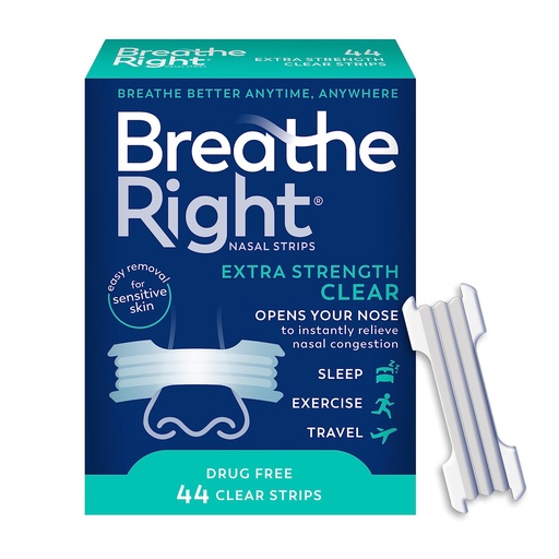 [BRSWGFABBZ5WM3DL] Breathe Right Nasal Strips, Extra Strength Clear Nose Strips, Drug Free Nasal Congestion Relief for Better Breathing, Help Relieve Snoring, Caused by Colds & Allergies, Deviated Septum, 44ct