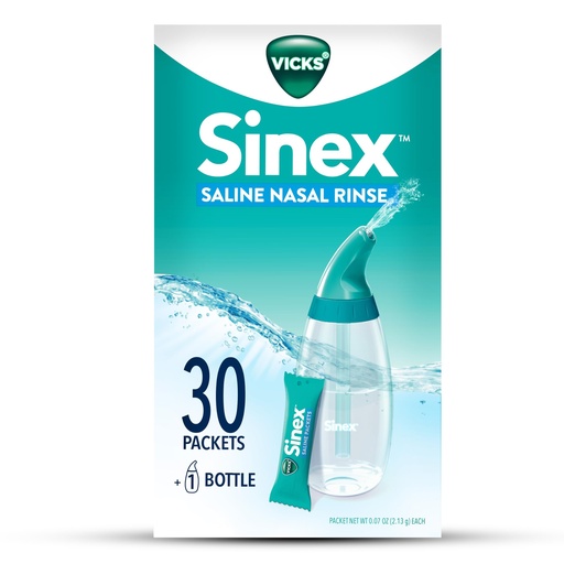 [BRSRAZDYAEGWMCL4] Vicks Sinex Saline Nasal Rinse Starter Kit, Drug Free Saline, Flush Out Mucus and Allergens, Fast & Effective Relief for Everyday Congestion from Sinus & Allergy, 1 Bottle + 30 Refill Packets
