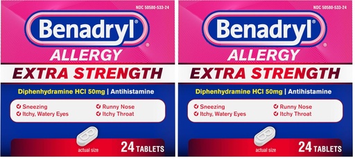 [BRSRGHYROUNQKCA2] Benadryl Extra Strength Allergy Relief Medicine, 50 mg Diphenhydramine HCl Antihistamine Tablets for Relief of Allergy Symptoms Due to Hay Fever or Other Upper Respiratory Allergies, 24 ct (Pack of 2)