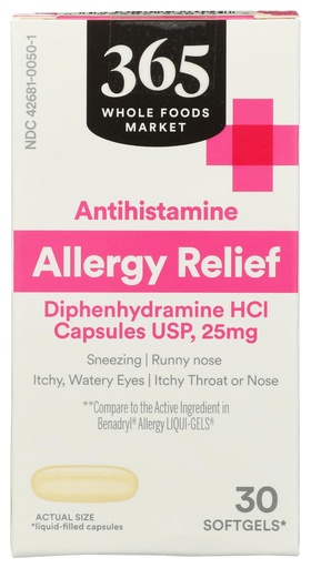 [BRSRAHD7BEPR4CDH] 365 by Whole Foods Market Allergy Relief Diphenhydramine Soft Gels 25 MG, 30 CT