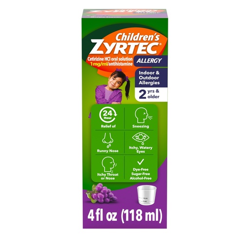 [BRSWIYANCMOAAC3C] Children's Zyrtec 24 Hour Allergy Relief Syrup, 5 mg Cetirizine Hydrochloride Antihistamine, Kids Allergy Medicine for Indoor & Outdoor Allergy Relief, Dye- & Sugar-Free, Grape, 4 fl. oz