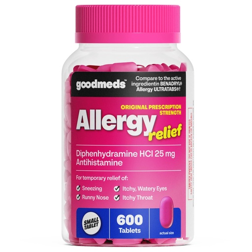[BRSRGFD2AEFBQHTU] Allergy Medicine Antihistamine, Diphenhydramine HCl 25 mg | Children and Adults | Relieve Itchy Eyes, Runny Nose, Sneezing (25 mg, 600 Tablets)