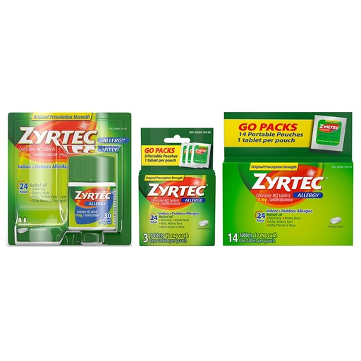 [BRSRMFIEDMGQKCLB] Zyrtec 24 Hour Allergy Relief Tablets, Indoor & Outdoor Allergy Medicine with 10 mg Cetirizine HCl per Antihistamine Tablet, 47ct Bundle Pack (1 x 30ct, 14ct and 3x1ct)
