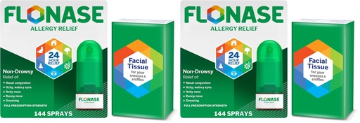[BRSRGGQNA4NBAD3K] Flonase Allergy Relief Nasal Spray,24-Hour Non-Drowsy Multi-Symptom Relief 144 Sprays,Bonus Pack of Tissues,(Pack of 2)