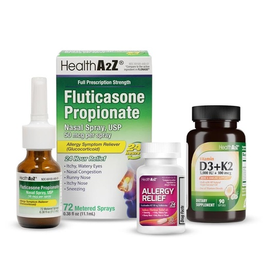 [BRSRGYA5AUHWGETF] HealthA2Z Allergy Defense + Immunity Bundle | Fluticasone Propionate Nasal Spray 72 Sprays | Allergy Relief Fexofenadine HCl 90 Caplets | Vitamin D3 (5,000 IU) + K2 90 Softgels
