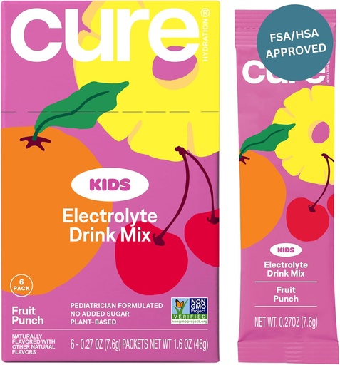 [BRSROAICCIPGYAAU] Cure Hydration - Kids Electrolyte Drink Mix | Plant-Based Pediatrician Formulated Rehydration | No Added Sugar, FSA-HSA, Non-GMO, Gluten-Free, No Artificial Flavors | Box of 6 Packets - Fruit Punch