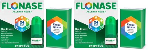 [BRSRGGQKCF4B42DJ] Flonase Allergy Relief Nasal Spray, 24-Hour Non-Drowsy Multi-Symptom Relief - 72 Sprays Plus Bonus Pack of Tissues, (Pack of 2)