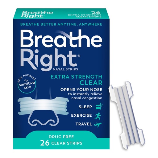 [BRSWIFQEPIGWIA3E] Breathe Right Nasal Strips | Extra Strength | Clear Nasal Strips | For Sensitive Skin | Help Stop Snoring | Drug-Free Snoring Solution & Nasal Congestion Relief Caused by Colds & Allergies | 26 Count