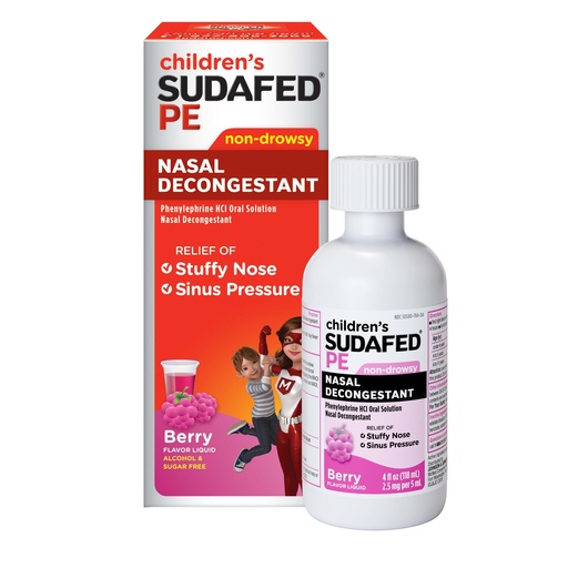 [BRSWIYQ4DECBA2I5] Sudafed Children's PE Nasal Decongestant Liquid, Sugar-Free Cold Medicine with Phenylephrine HCl, Alcohol-Free, Berry-Flavored, 4 fl oz