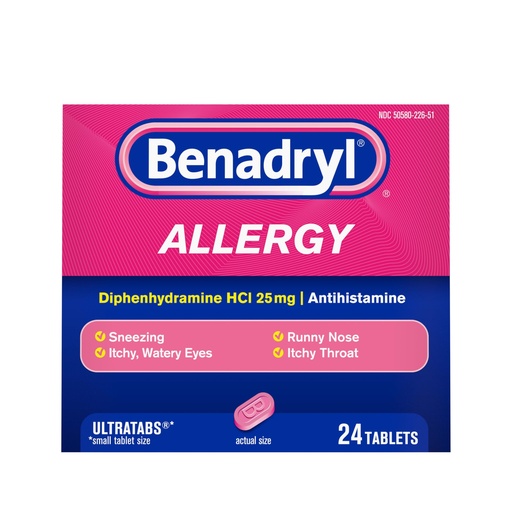[BRSWIHALO54BWFDY] Benadryl Ultratabs Allergy Relief Medicine, 25 mg Diphenhydramine HCl Antihistamine Tablets For Relief of Cold & Allergy Symptoms Like Sneezing, Runny Nose, & Itchy Eyes & Throat, 24 ct