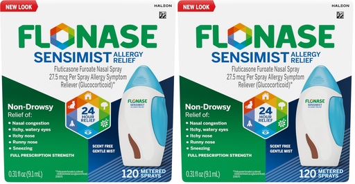 [BRSRGGQNCR5BYF33] Flonase Sensimist Allergy Relief Nasal Spray for Non-Drowsy,24-Hour Multi-Symptom Allergy Relief – 120 Sprays,(Pack of 2)