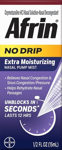 [BRSWIYQOAABQOADK] Afrin No Drip Extra Moisturizing 12 Hour Nasal Congestion Relief Pump Mist, Sinus Spray Decongestant - 15 mL