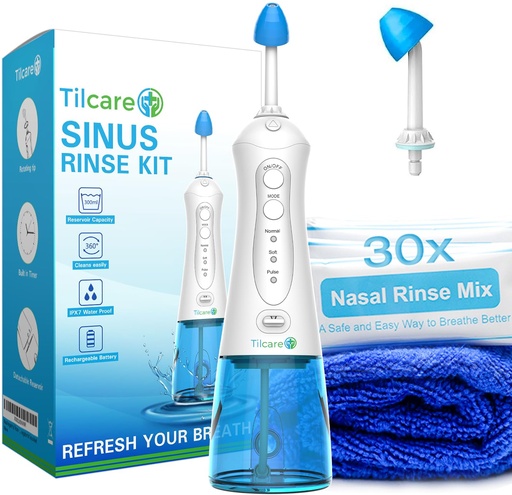 [BRSWYEDYAQORYCD7] Nasal Irrigation System by Tilcare - Perfect Nasal Rinse Machine for Sinus & Allergy Relief - Electric Neti Pot for Nasal Irrigation to Cleanse Your Stuffy Nose - Comes with a Towel and 30 Salt Packs
