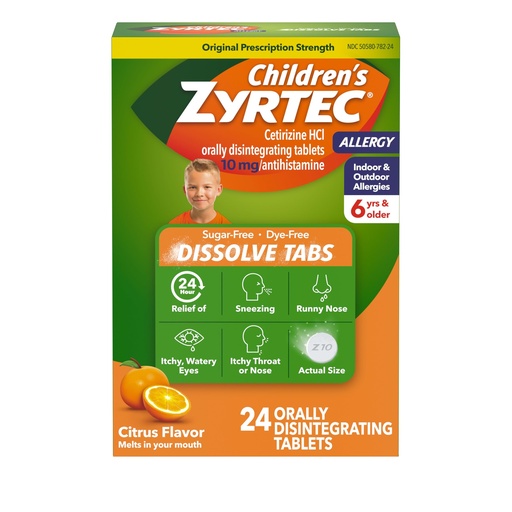 [BRSWIZQMOMMBGFT4] Zyrtec Children's 24 Hour Dissolving Allergy Relief Tablets with 10 mg Cetirizine Hydrochloride Antihistamine, Dissolvable Allergy Medicine for Kids Ages 6 Years+, Citrus Flavor, 24 ct