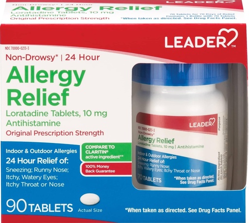 [BRSWGAYDOQHBQAD5] Leader 24 Hour Allergy Relief, Non-Drowsy, Loratadine 10mg, Antihistamine, Original Prescription Strength, Sinus Relief, Indoor and Outdoor, Counteract Allergy, 90 Tablets