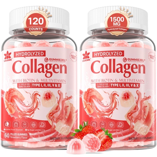 [BRSWYBQ5AR5GCCD3] 2Pack Sugar-Free Hydrolyzed Collagen Peptide Filled Gummies for Women & Men, with 1500mg Protein Type I,II,III,V,X, 5000mcg Biotin Vitamin C A E D3 B6 B12 for Immune Digestion Skin Hair Nails, Bone