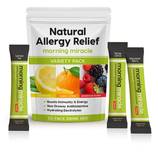 [BRSRE2YHBAMGCCLZ] Morning Miracle Natural Allergy Relief Non-Drowsy Drink Mix for Sinus Support, Steady Energy, and Daily Natural Antihistamine for Adults and Kids (Non Caffeinated, 30 Stick Variety Pack)