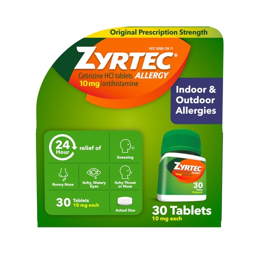 [BRSWIYQROIGWIGDE] Zyrtec 24 Hour Allergy Relief Tablets, Indoor & Outdoor Anti Allergy Medicine with 10 mg Cetirizine HCl per Antihistamine Tablet, Relief from Runny Nose, Sneezing, Itchy Eyes & More, 30 ct