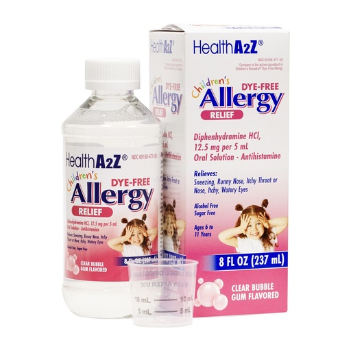 [BRSRAAIOBAIGGCTF] HealthA2Z® Children's Allergy Relief | DYE Free | Diphenhyrdramine 12.5 mg | 5ml Oral Solution | 8Fl Oz (237 mL) | Antihistamine | Clear Bubble Gum Flavored | Alcohol and Sugar Free