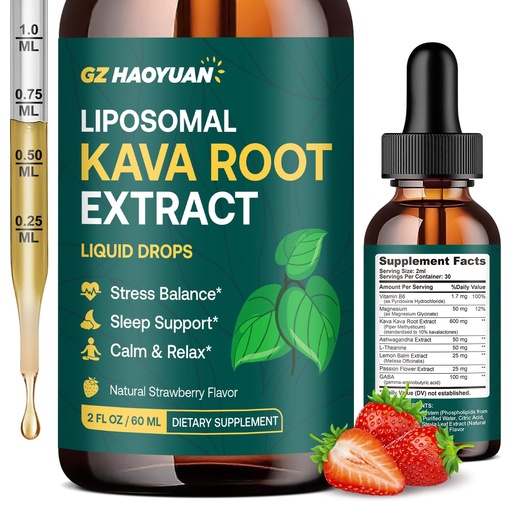 [BRSREAYDOYBRMA3D] Liposomal Kava Kava Root Extract Supplement - High Absorption Kava Drops for Relaxation, Stress Relief, Cognitive & Immune Support, Vegan & Non-GMO, Strawberry Flavor 2 Fl Oz
