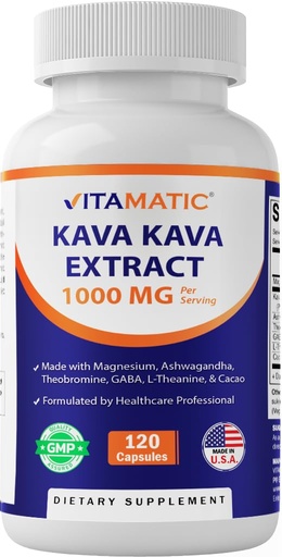 [BRSREGLQO4MBQCTA] Vitamatic Kava Kava 1000mg with Magnesium, Ashwagandha, GABA, Theobromine, L-Theanine & Cacao – 120 Veg Caps – Kavalactones for Mood, Stress & Sleep Support.
