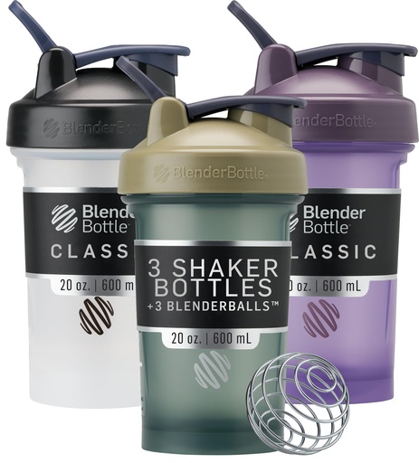 [BRSRAHQDOIOQ43DG] BlenderBottle Classic V2 Shaker Bottle Perfect for Protein Shakes and Pre Workout, 20-Ounce (3 Pack), Black, Tan/Blue, Purple