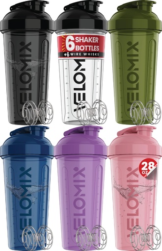 [BRSREBQEAAPW2CA7] VELOMIX -6 PACK- 28 oz Protein Shaker Bottle for Protein Mixes -6x Wire Whisk | Leak Proof Shaker Cups for Protein Shakes | Large, Stackable Protein Shaker Bottle Pack