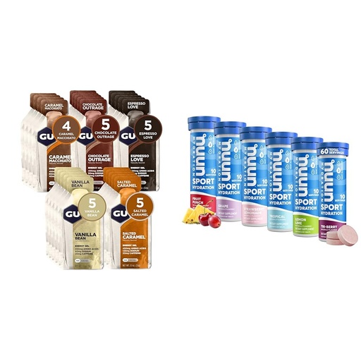 [BRSROBQEOUNREYAU] GU Energy Original Sports Nutrition Energy Gel, Vegan, Gluten-Free, Kosher & Nuun Sport Electrolyte Tablets for Proactive Hydration, Variety Pack, 6 Pack (60 Servings)