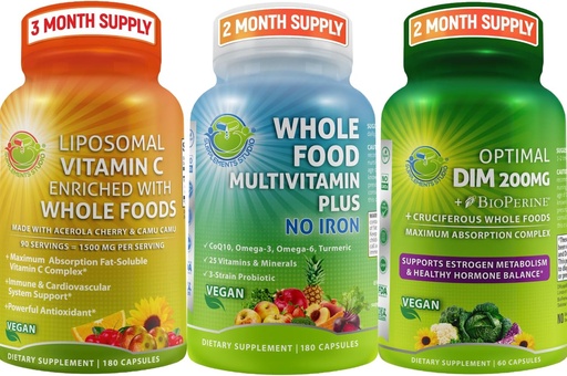 [BRSRAYLYCIPRYH33] SUPPLEMENTS STUDIO Vegan Immune, Energy & Hormone Support Bundle for Men and Women – Vegan Whole Food Multivitamin Without Iron + Liposomal Vitamin C 1500mg + Optimal DIM 200mg with BioPerine®